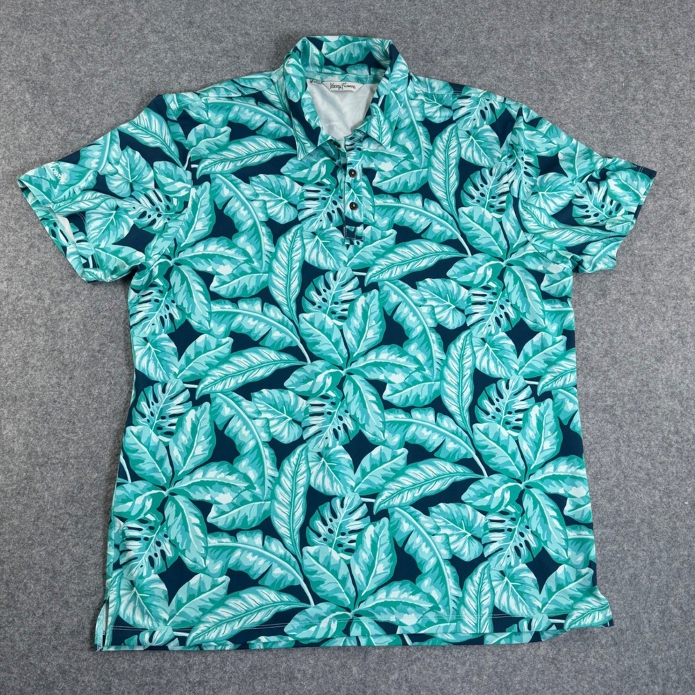 Kenny Flowers Mens XL Teal Tropical Monstera Leaf Print Golf Polo Shirt Stretch